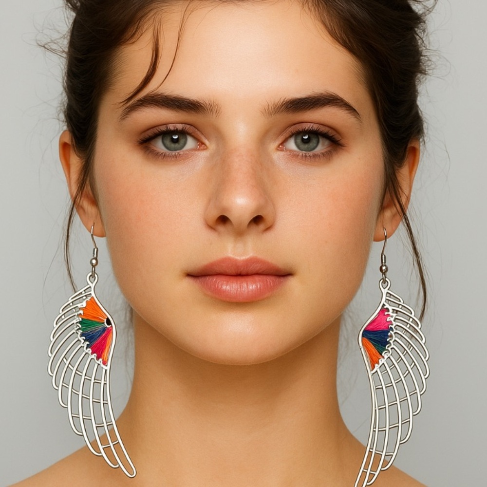 Silver Wing Earrings with Multicolor Accents